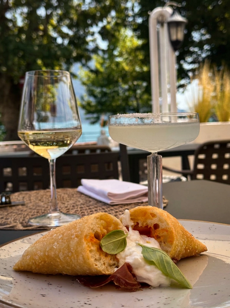 Cono fritto con burrata, prosciutto e basilico sulla terrazza sul lago